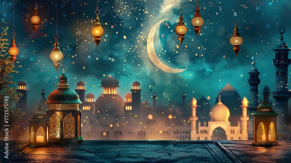 Festive greeting card for Muslim holy month Ramadan Kareem & Eid Mubarak generative ai image Festive greeting card for Muslim holy month Ramadan Kareem & Eid Mubarak generative ai image