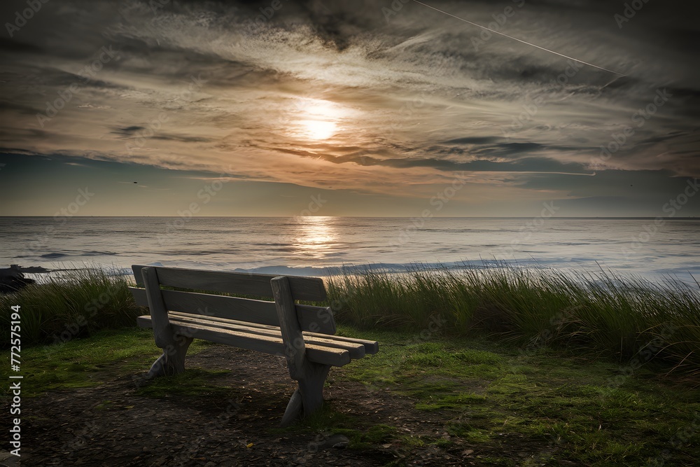 Serene bench offers a solitary spot to contemplate the sea Serene bench offers a solitary spot to contemplate the sea