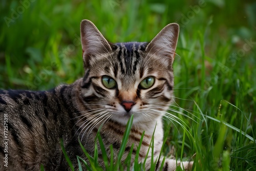 shot Close up of cat with green eyes lying in grass