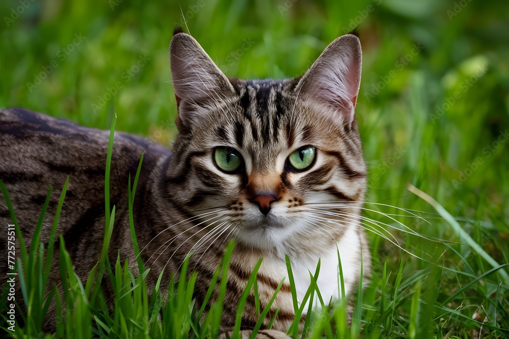 shot Close up of cat with green eyes lying in grass