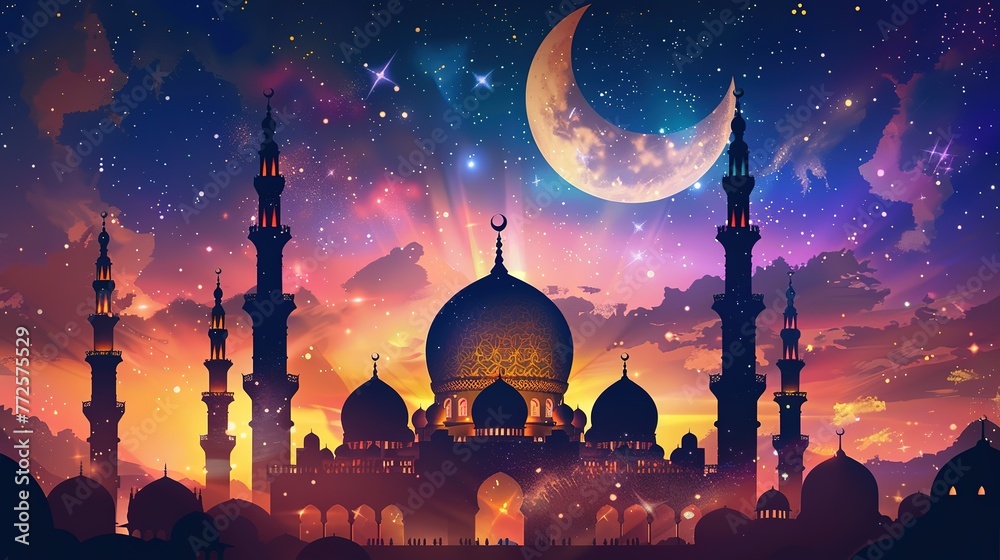 Obraz premium Festive greeting card for Muslim holy month Ramadan Kareem & Eid Mubarak generative ai image