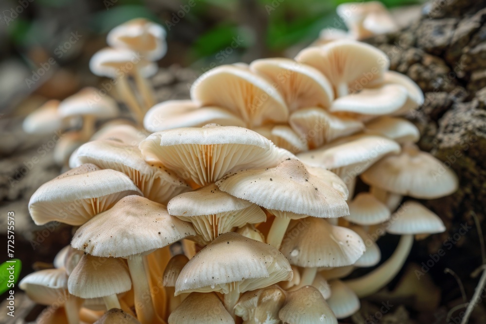 Fototapeta premium Cluster of Mushrooms Growing on Tree Stump