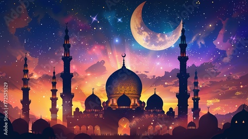 Festive greeting card for Muslim holy month Ramadan Kareem & Eid Mubarak generative ai image photo