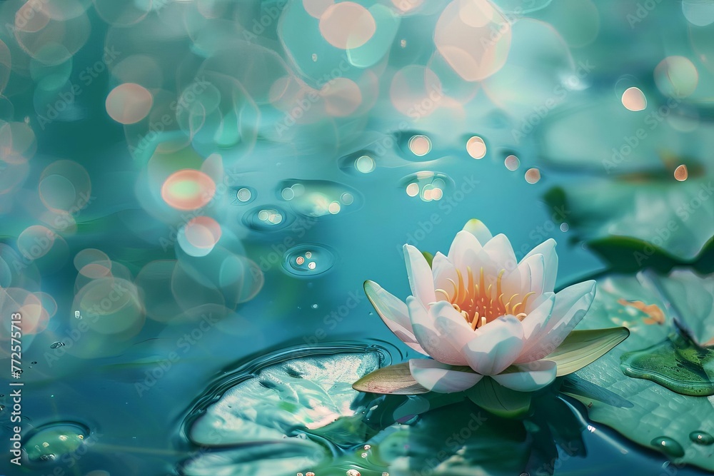 Magic glowing lotus flower on cold blue-green water with leaf and copy space, zen massage therapy background