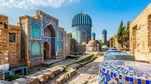 blue tiles on a breathtaking view of Samarkand, Uzbekistan's Shah-i-Zinda Ensemble. photo