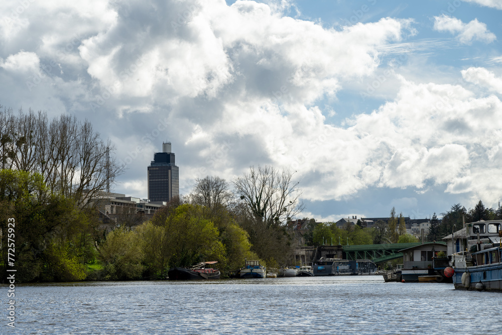 River Erdre and Tour Bretagne, Nantes France