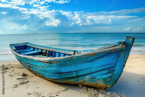 Blue Boat Resting on Sandy Beach © Jorge Ferreiro