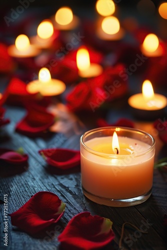 Lit Candle Surrounded by Rose Petals on Table