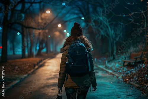 Woman Walking Down Street at Night