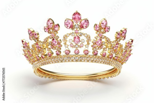 Luxurious royal gold crown adorned with sparkling pink diamonds, isolated on white background, 3D illustration