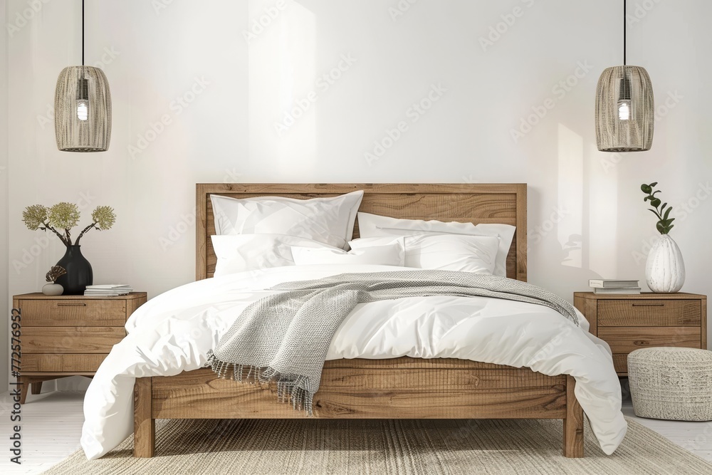 Obraz premium Cozy Scandinavian style bedroom with natural wood furniture and modern decor