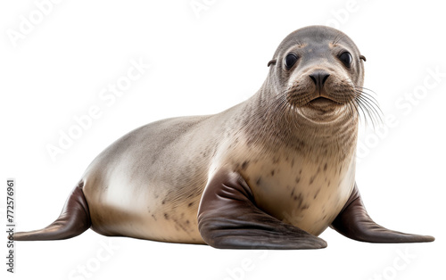 A sea lion peacefully laying down on a white background