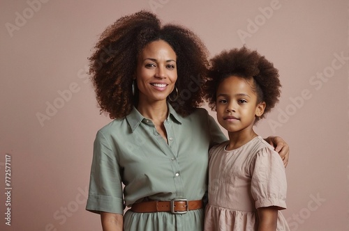 Afro- american Mother and little kid daughter isolated on pastel background, Mother's Day love family parenthood childhood concept