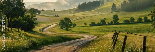 Rural Dirt Road Cutting Through Verdant Countryside. Generative AI