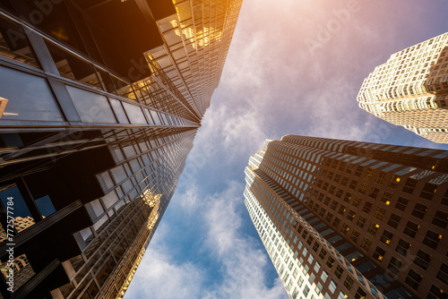 Photography tall skyscrapers buildings looking up perspective, modern architecture of steel