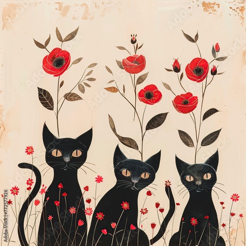 Two Black Cats Among Flowers