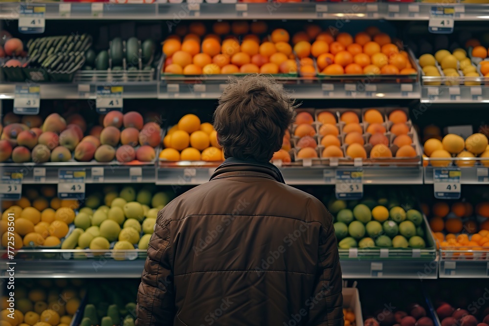 man standing in front of the fruits in the supermarket