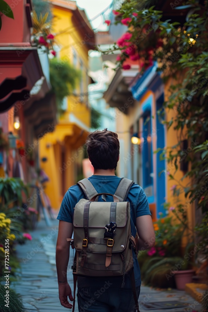 Obraz premium man with a backpack on vacation walking through the streets of a small colored town