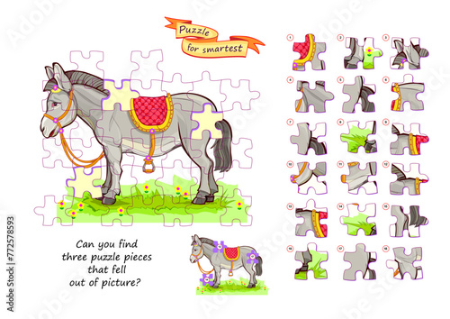 Can you find three puzzle pieces that fell out of picture? Logic game for children. Page for kids brain teaser book. Task for attentiveness. Developing spatial thinking. Flat vector illustration.