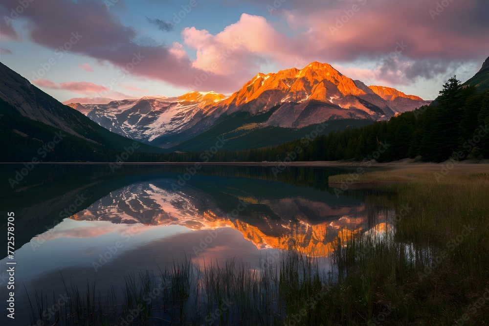 Sunset bathes lake and mountains in golden hues for wallpaper - obrazy, fototapety, plakaty 