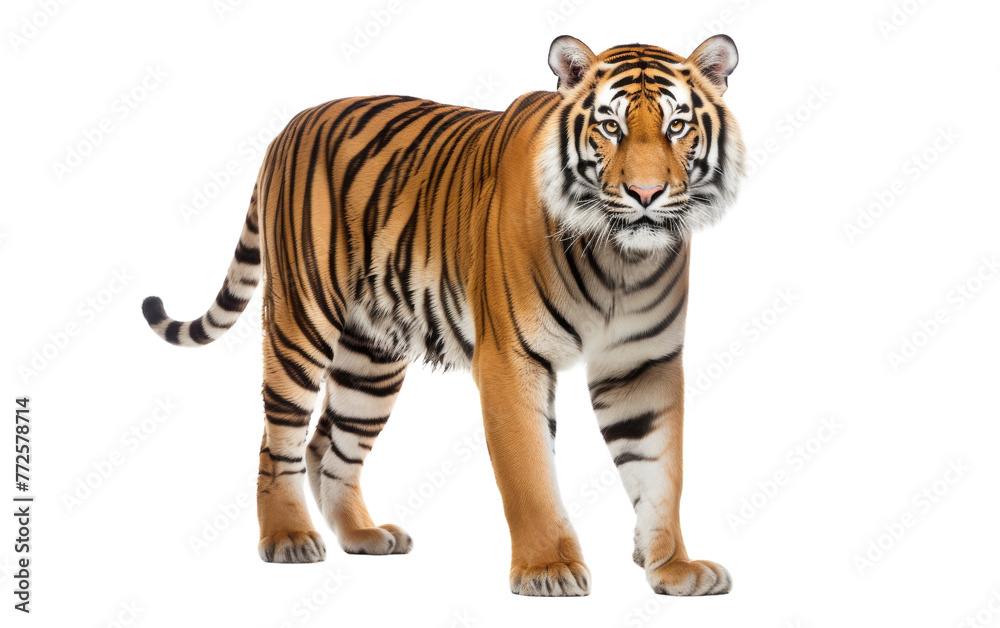 A majestic tiger stands dominantly atop a clean white background