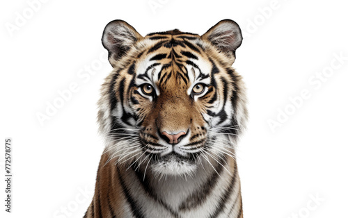A majestic tiger stares intensely in a close-up shot against a crisp white backdrop