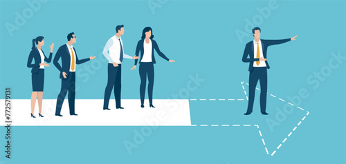 Leader. The businessman walks outside the marked area and reveals the direction forward. Business concept illustration.

