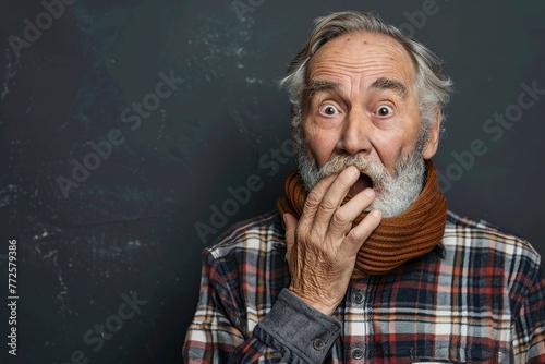 embarrassed senior man covering mouth with hands photo