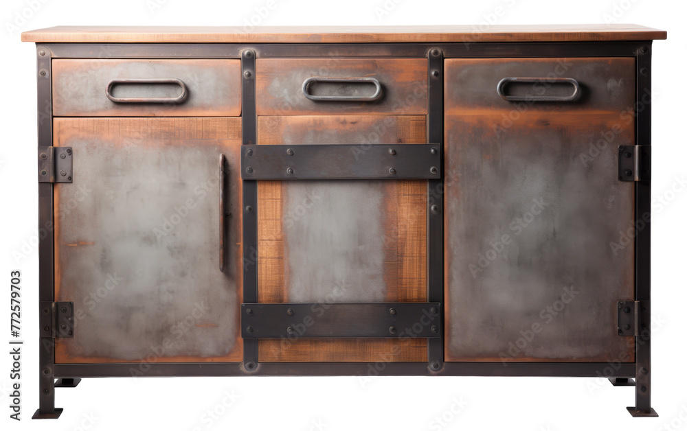 A wooden and metal cabinet with two doors standing in a room filled with light