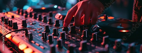 DJ adjusts the control of a mixing console