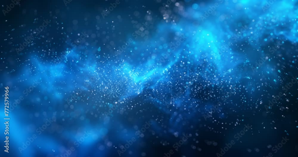 Mystical blue particles background. Fluid, dyamics, wavy blue color shimmering glowing grain dust mist texture liquid paint splash motion, Generative AI