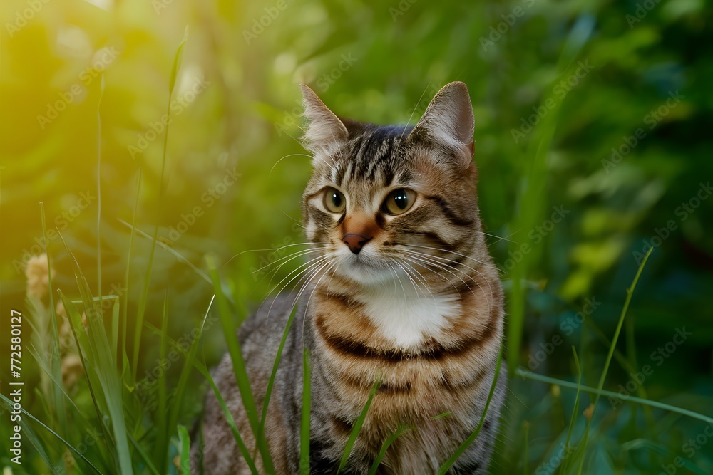 Obraz premium Tabby cat enjoys outdoor freedom, basking in natural surroundings