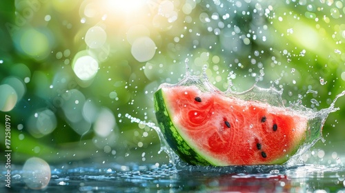 Fresh fruit watermelon slice with water splash isolated on nature blur background. AI generated image