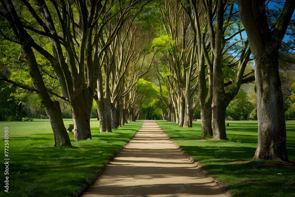 Tranquil footpath winds through picturesque park, inviting leisurely strolls