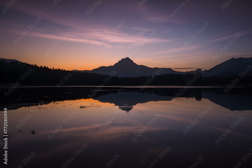 Tranquil scene reflects heavenly silhouette over illuminated water surface