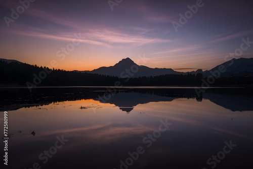 Tranquil scene reflects heavenly silhouette over illuminated water surface