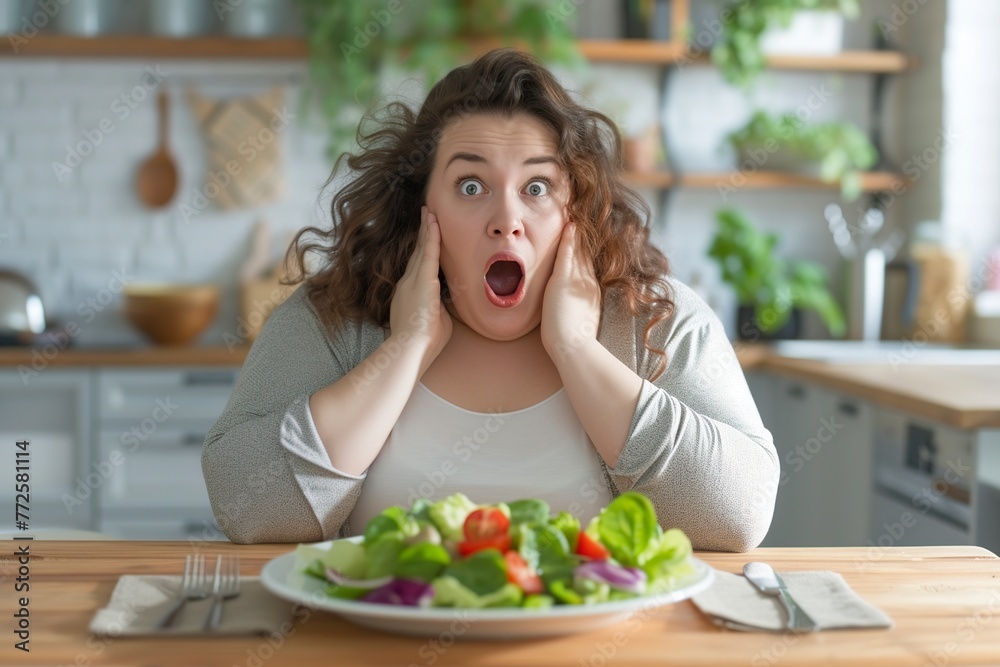 fat woman looking at the plate of salad surprised