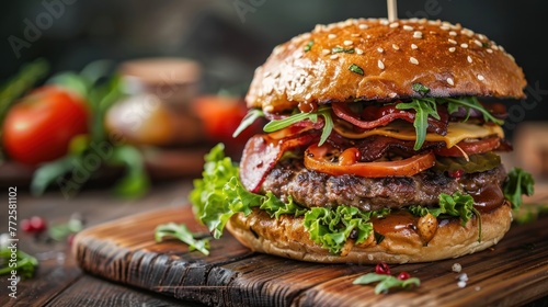 Delicious homemade hot beefburger with bacon and vegetables on wood serving board. AI generated