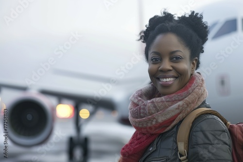 dark-skinned adult woman boarding a plane on the tarmac