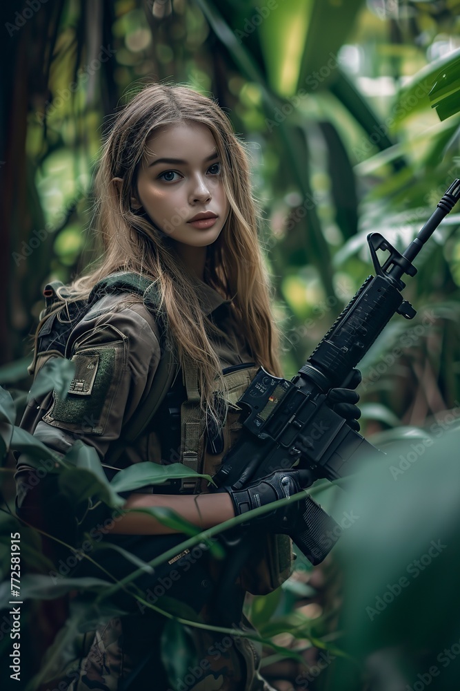 young teenage woman holding a military weapon in her hands young teenage woman holding a military weapon in her hands