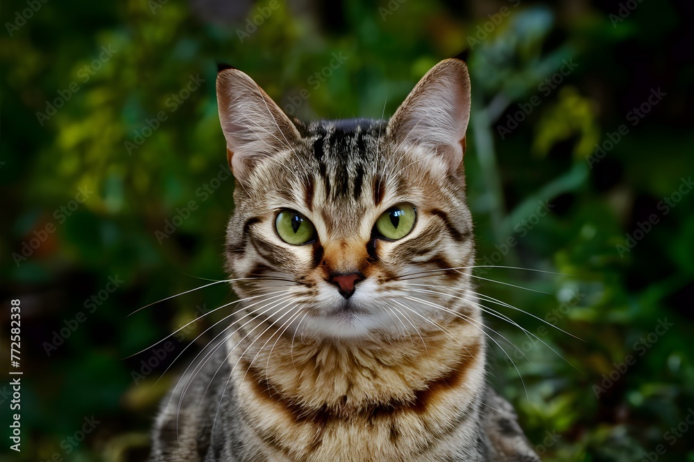 view Close up portrait of striped cat with green eyes and whiskers