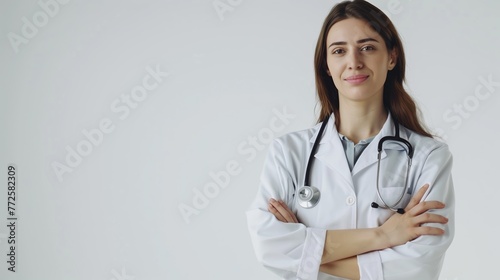 A female young European doctor wear white coat on white background. Generated by artificial intelligence.