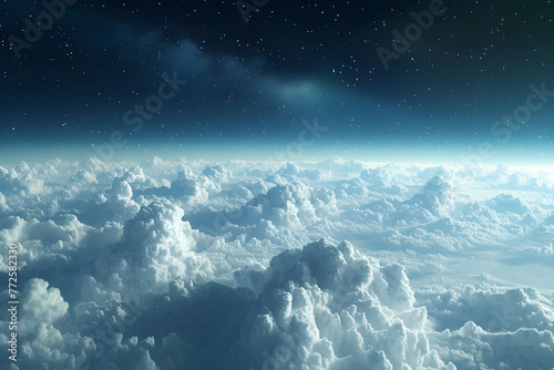A splendid background cloudscape above the earth's atmosphere in the stratosphere, with a galaxy and black, starry space at the horizon, digital art of view from above the space.