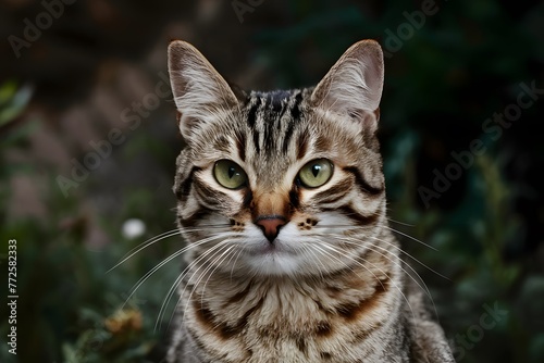 view Close up portrait of striped cat with green eyes and whiskers photo