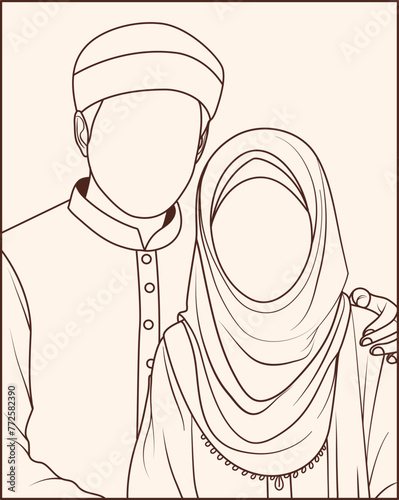 Hand drawn Muslim couple line art illustrated