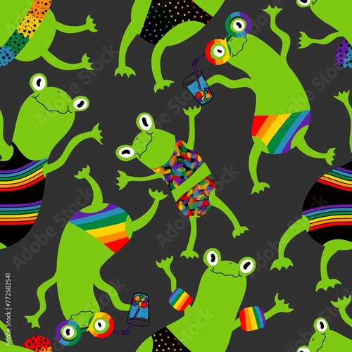 Fototapeta Naklejka Na Ścianę i Meble -  Cartoon summer print with rainbow lgbt frogs seamless pride animals pattern for wrapping and fabrics and party