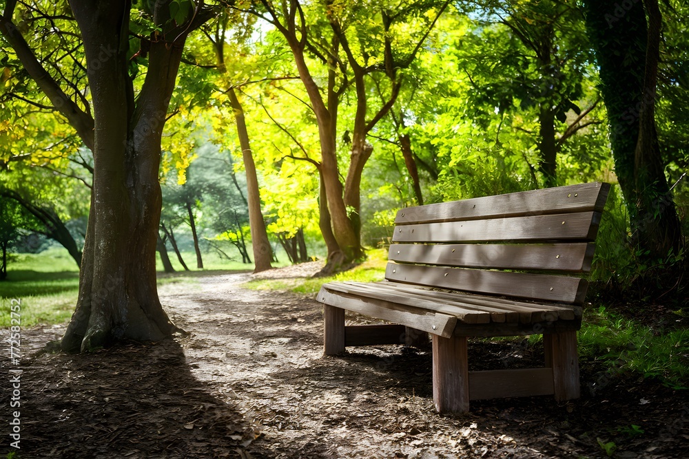 Wooden bench in park on sunny day, perfect for relaxation