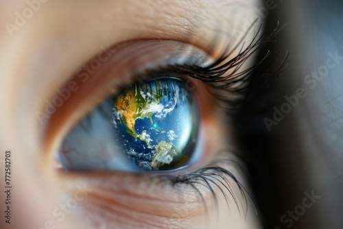 Human eye with Earth reflection symbolizing environmental awareness.