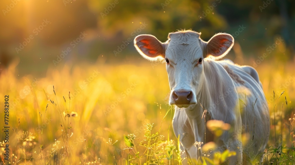 Animal photography cow with natural in the sunny view background . AI generated image