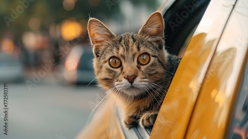 Cat peeking from car window wallpaper background